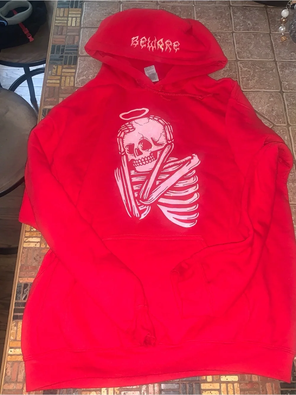 Red Graphic Skull Hoodie - beware